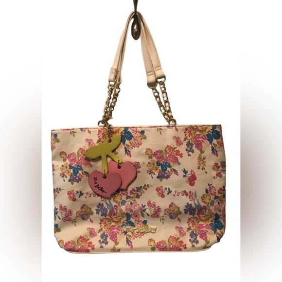 Betsey Johnson Spring Florals Large Double Handle Bag Big Bows Colorful 17X12” - Picture 1 of 13